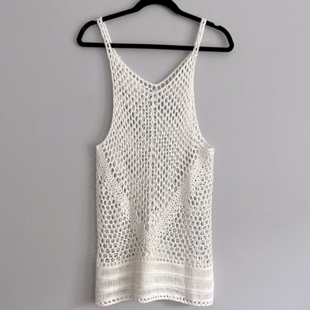 White Bohemian Crochet Knit Sheer Beach Cotton Cover Up Shirt Dress S M 4/6